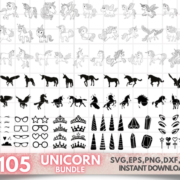 105 Unicorn SVG Bundle - Unicorn PNG Bundle - Unicorn Clipart - Unicorn Cut Files for Cricut - Unicorn Silhouette SVG - Unicorn Horn