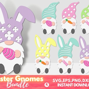 以下が含まれることがあります： イースターのノームのデザインをカットするためのSVG、EPS、PNG、DXF、PDFファイルのデジタルダウンロード。ノームはパステルカラーの服を着て、ウサギの耳をつけ、イースターエッグ、ニンジン、ウサギを持っています。