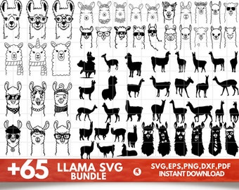 Peut inclure: Une collection de graphiques SVG sur le thème du lama en noir et blanc. Les motifs comprennent des visages de lama avec des lunettes, des écharpes et d'autres accessoires, ainsi que des silhouettes de lama. Le texte "+65 LLAMA SVG BUNDLE" et "SVG, EPS, PNG, DXF, PDF INSTANT DOWNLOAD" est également inclus.