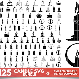 Könnte beinhalten: Ein Set mit 125 schwarzen und weißen Kerzen-SVG-Designs. Die Designs umfassen verschiedene Kerzenformen, -größen und -stile, darunter Kerzen mit Flammen, Kerzen mit Dochten und Kerzen mit Haltern. Die Designs sind perfekt zum Erstellen von Bastelarbeiten, Projekten und Dekorationen.