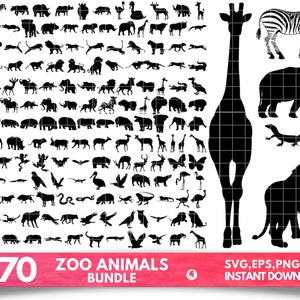 May include: A black and white digital download of 170 zoo animal silhouettes. The animals include a giraffe, zebra, elephant, lion, and many more. The text "X170 Zoo Animals Bundle" and "SVG, EPS, PNG, PDF Instant Download" is included in the image.