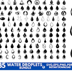 May include: A set of 135 black and white water droplet icons. The icons are in various shapes and sizes, and some have additional details like swirls, leaves, and stars.