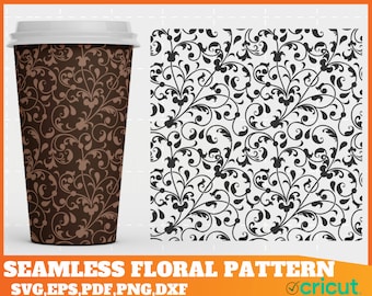 May include: A brown disposable coffee cup with a white lid, featuring a seamless floral pattern in a darker brown. Next to it is a matching floral pattern on a white background. The text "SEAMLESS FLORAL PATTERN" is visible.