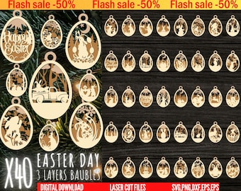40 Easter Laser Cut Svg Bundle, Bunny Ornaments Svg,Easter Laser Cut svg files,Easter 3 Layers Ornament,Easter Hanger svg, dxf eps