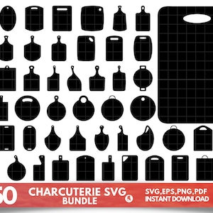 Op de afbeelding: Een set van meer dan 50 zwart-witte SVG-snijbestanden voor charcuterieplanken. De bestanden zijn beschikbaar voor directe download in de formaten SVG, EPS, PNG en PDF.