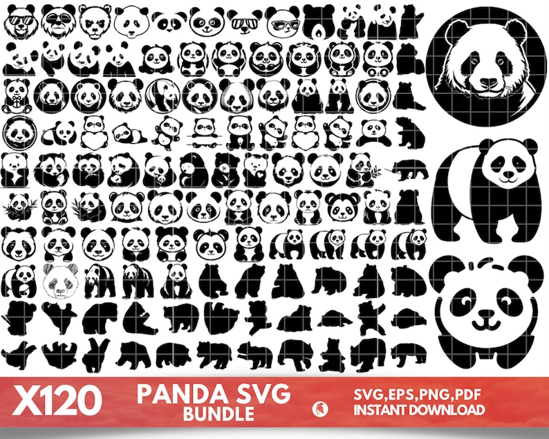 Puede incluir: Un conjunto de 120 archivos de corte SVG de osos panda en blanco y negro. Las im&aacute;genes incluyen varias poses y expresiones de pandas, incluyendo un panda con un coraz&oacute;n, un panda sosteniendo bamb&uacute; y un panda con una expresi&oacute;n de sorpresa. El texto "X120 PANDA SVG BUNDLE" est&aacute; en la parte inferior de la imagen.