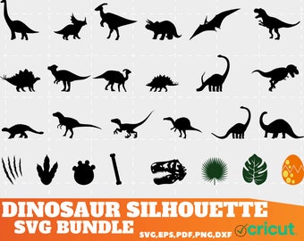 May include: A set of 26 black dinosaur silhouettes, including various species, footprints, a bone, a skull, and a dinosaur egg. The silhouettes are perfect for crafting projects, scrapbooking, and digital design.