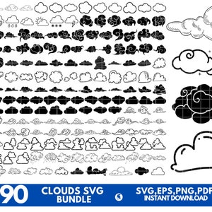 Puede incluir: Un conjunto de más de 190 ilustraciones de nubes SVG en blanco y negro. Las nubes son de varias formas y tamaños, incluyendo diseños simples, redondeados y estilizados. El conjunto incluye una variedad de formas de nubes, incluyendo nubes esponjosas, tenues y tormentosas.