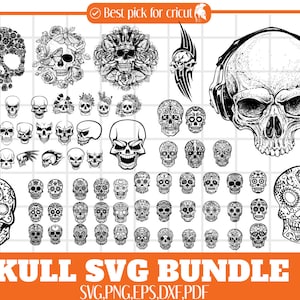 May include: A digital download bundle of 50 black and white skull SVG files. The bundle includes various skull designs, including sugar skulls, skulls with flowers, and skulls with headphones. The text "SKULL SVG BUNDLE" is at the bottom of the image.