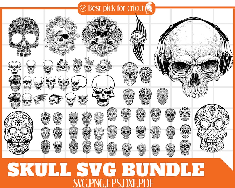 May include: A digital download bundle of 50 black and white skull SVG files. The bundle includes various skull designs, including sugar skulls, skulls with flowers, and skulls with headphones. The text "SKULL SVG BUNDLE" is at the bottom of the image.