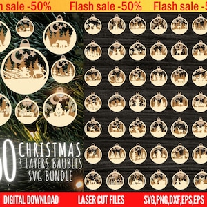 Lot de boules de Noël SVG, 3 couches d'ornement, fichiers découpés au laser Boules de Noël, décorations d'arbre, artisanat, boule suspendue, téléchargement numérique SVG