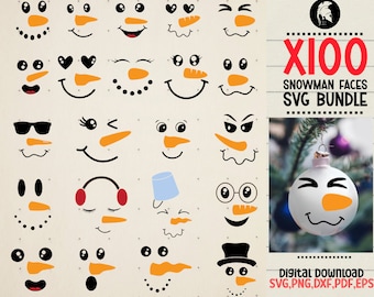 May include: A digital download bundle of 100 snowman face SVG files. The image shows a variety of snowman faces with different expressions, including happy, sad, surprised, and angry. The faces are all in black and white, with orange noses and black eyes. The text "X100 Snowman Faces SVG Bundle" is displayed in the upper right corner of the image.
