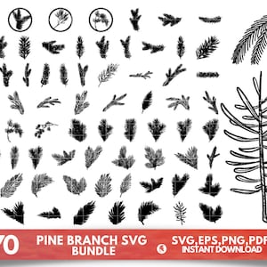 Puede incluir: Un conjunto de más de 70 ilustraciones SVG de ramas de pino en blanco y negro. Las ilustraciones incluyen varias formas y tamaños de ramas de pino, incluido un pino completo. El texto "Pine Branch SVG Bundle" y "SVG,EPS,PNG,PDF Descarga instantánea" está incluido en la imagen.