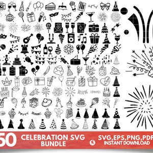 May include: A black and white digital illustration set of over 150 celebration icons. The icons include party hats, fireworks, balloons, cake, gifts, wine glasses, and more. The text "+150 CELEBRATION SVG BUNDLE" is at the bottom of the image.