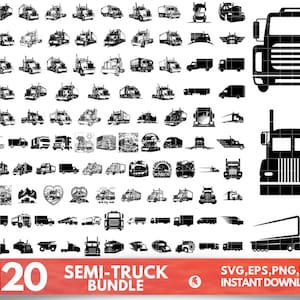 May include: A large collection of 120 black and white semi-truck silhouette illustrations. The illustrations include various truck styles, trailers, and accessories. The text '+120 Semi-Truck Bundle SVG, EPS, PNG, PDF Instant Download' is at the bottom of the image.