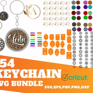 May include: A digital download of 154 SVG files for creating keychains. The bundle includes a variety of designs, including letters, animal prints, and mandalas. The image shows examples of the designs, including a keychain with the name "Leila" in a leopard print.