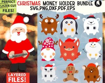Paquete SVG de titulares de dinero de Navidad, adornos de soporte de efectivo de papel en capas, adornos de árbol de Navidad de bricolaje, titular de dinero de Santa Svg, regalo en efectivo svg