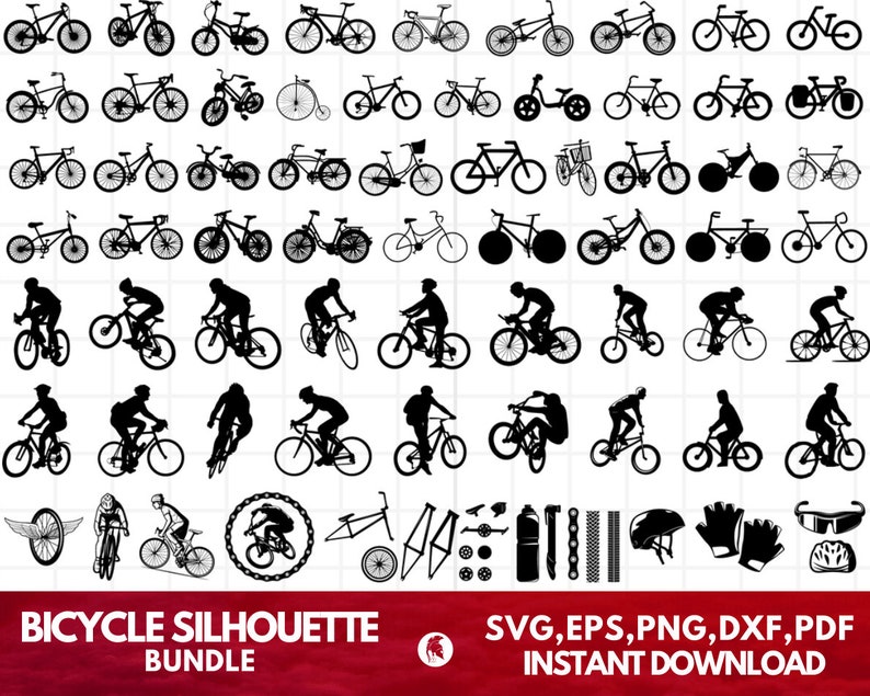 May include: A digital download bundle of 50 black and white bicycle silhouette illustrations. The bundle includes various bicycle styles, including road bikes, mountain bikes, and cruiser bikes. The illustrations are perfect for creating digital designs, crafts, and projects.