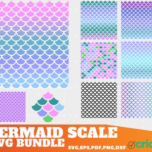 Pode incluir: Um conjunto de 10 padrões digitais de escamas de sereia em várias cores, incluindo rosa, azul, verde e preto. Os padrões estão em formatos SVG, EPS, PDF, PNG e DXF. A imagem também inclui o logotipo da Cricut.