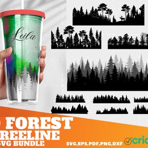 May include: A digital download bundle of 10 forest treeline SVG files. The files are compatible with Cricut design software. The image shows a variety of forest treeline silhouettes, including tall trees, short trees, and a deer.