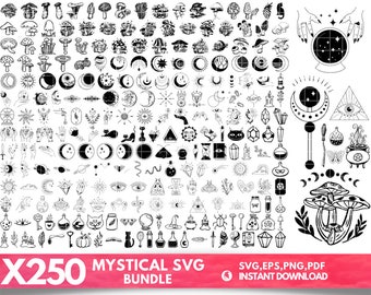 以下が含まれることがあります： 月、星、クリスタル、キノコなど、250種類の神秘的なSVGデザインのコレクション。このデジタルダウンロードには、SVG、EPS、PNG、PDFファイルが含まれています。