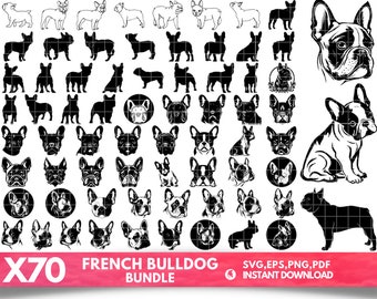 Puede incluir: Un conjunto de 70 ilustraciones vectoriales en blanco y negro de Bulldogs franceses en varias poses. Las ilustraciones incluyen cuerpo completo, retratos y siluetas. El texto "X70 French Bulldog Bundle" y "SVG, EPS, PNG, PDF Descarga instantánea" también se incluye en la imagen.
