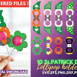 10 St Patricks Lollipop Holder SVG Cut File, St Patrick Candy Holder Svg, Cute Gnome Leprechaun Candy Holder, Chocolate Holder svg, Dxf