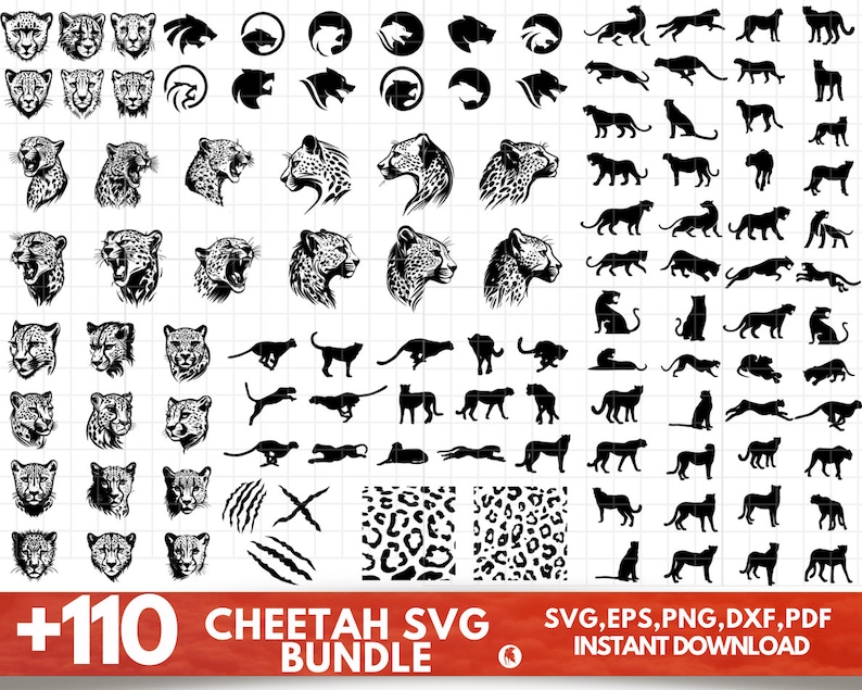 May include: A digital download bundle of over 110 black and white cheetah SVG cut files. The bundle includes cheetah head silhouettes, cheetah body silhouettes, cheetah paw prints, and cheetah spots patterns.