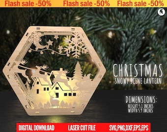 Hexagon Laser Cut Lamp Snowy Scene Christmas Lantern Candle Holder, Winter Wonderland Decoration Night Light, Digital Download