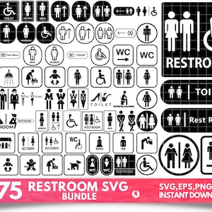 Op de afbeelding: Een set van 75 zwart-witte toiletpictogrammen in verschillende stijlen. De pictogrammen omvatten symbolen voor mannen, vrouwen, toiletten, toiletten en rolstoeltoegankelijkheid. De pictogrammen zijn in een rasterpatroon gerangschikt en kunnen worden gedownload in de formaten SVG, EPS, PNG en PDF.