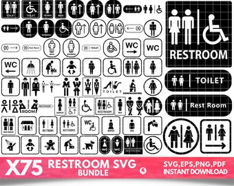May include: A set of 75 black and white restroom icons in a variety of styles. The icons include symbols for men, women, toilets, restrooms, and wheelchair accessibility. The icons are arranged in a grid pattern and are ready to download in SVG, EPS, PNG, and PDF formats.