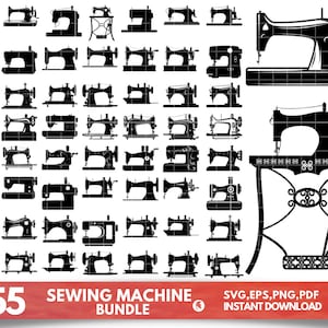 May include: A set of 55 black and white silhouette images of sewing machines. The images include various styles of sewing machines, including vintage and modern designs. The images are perfect for crafting projects, scrapbooking, and digital design.
