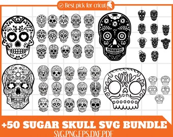 55 SUGAR SKULLS SVG Bundle, Day of Deads Set, Cut File Clipart Sublimation Png Dxf Eps Vector for cricut
