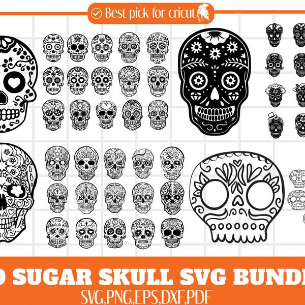 55 SUGAR SKULLS SVG Bundle, Day of Deads Set, Cut File Clipart Sublimation Png Dxf Eps Vector for cricut