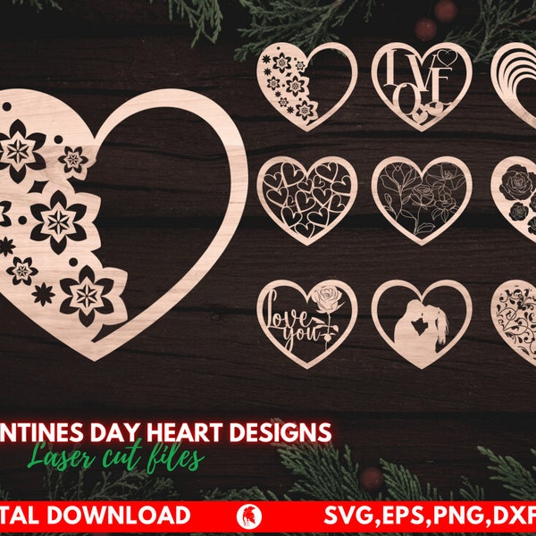 Hearts Valentines SVG, Heart Svg, Valentine Svg, Love Svg, Set de 9 coeur Svg, fichier cnc vectoriel, fichier déco découpé au laser