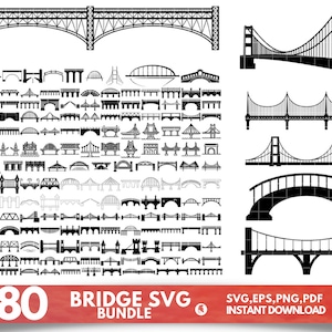 Puede incluir: Un conjunto de más de 180 archivos de corte SVG de puentes en blanco y negro. La imagen muestra una variedad de diseños de puentes, incluidos puentes de arco, puentes colgantes y puentes de armadura. El texto "+180 BRIDGE SVG BUNDLE" está en la parte inferior de la imagen.