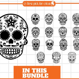 May include: A set of 15 black and white sugar skull designs. The skulls are decorated with intricate floral patterns and other details.