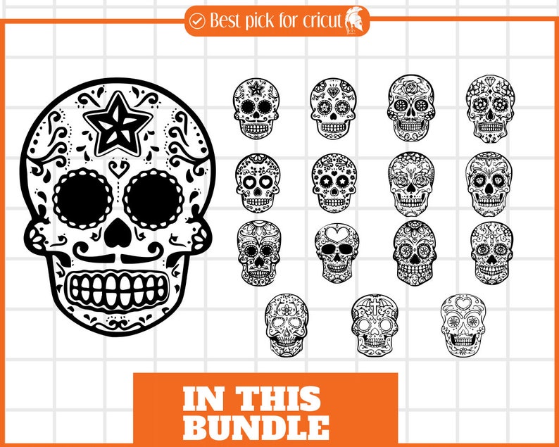 May include: A set of 15 black and white sugar skull designs. The skulls are decorated with intricate floral patterns and other details.