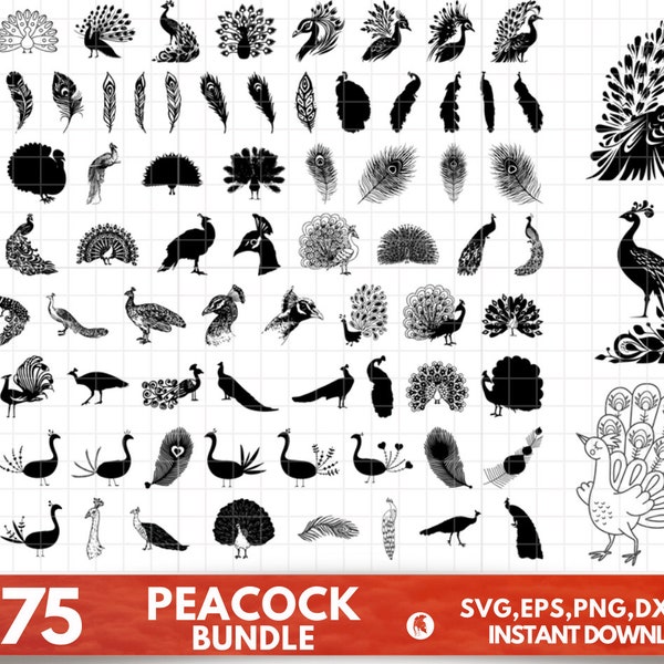 75 Peacock SVG Bundle, Peacock dxf, Peacock png, Peacock eps, Peacock vector, Peacock cut files, Peacock svg, Peacock feather svg