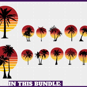 May include: A collection of black palm tree silhouettes set against a sunset design. The sunset features horizontal bands of orange, yellow, and red. The phrase "IN THIS BUNDLE:" is at the bottom of the image.