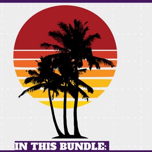 May include: A graphic design featuring a sunset with a gradient of red, orange, and yellow hues. Silhouetted palm trees are in the foreground. The text "IN THIS BUNDLE:" is at the bottom.
