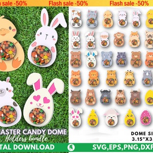 Op de afbeelding: Een digitale download van 40 paas-snoepkoepelhouders. De houders hebben verschillende dierontwerpen, waaronder konijnen, kuikens, lama's en katten. De koepelmaat is 3,15 inch bij 3,15 inch. De afbeelding toont een groene achtergrond met een verscheidenheid aan houders.