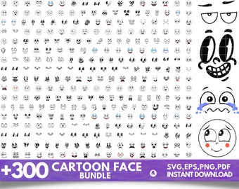 Paquete SVG de caras de emoción de dibujos animados, cara de Kawaii SVG, cara divertida linda SVG, cara de Emoji, imágenes prediseñadas de cara de dibujos animados, cara de cómic, png, silueta