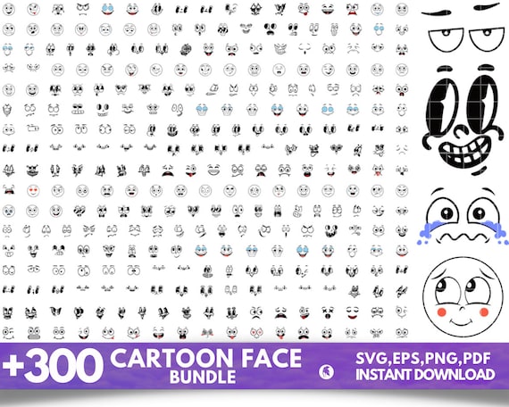Cartoon Emotion Faces SVG Bundle, Kawaii Face SVG, Cute Funny Face SVG, Emoji face, cartoon face clipart, comics face, png, silhouette