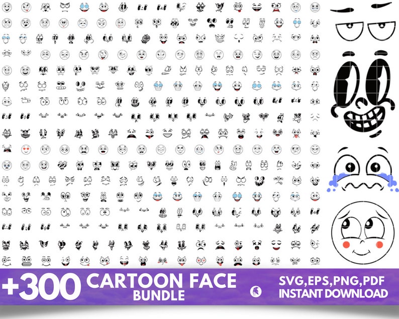 May include: A collection of over 300 black and white cartoon faces with various expressions. The faces are arranged in a grid pattern. The text +300 CARTOON FACE BUNDLE is at the bottom of the image. The text SVG, EPS, PNG, PDF INSTANT DOWNLOAD is at the bottom right of the image.