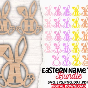 Etiqueta de nome de Páscoa SVG para Glowforge, Carta de coelho svg, Silhueta, Etiqueta de Páscoa pendurada recortada, arquivo de corte a laser, Arquivos de corte de madeira, svg pronto para laser