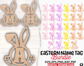 Ostern Namensschild SVG für Glowforge, Bunny Letter svg, Silhouette, hängender Osteranhänger ausgeschnitten, Laserschnittdatei, Holzschnittdateien, Laser bereit svg