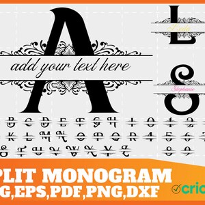 May include: A black and white split monogram design with a decorative flourish. The design includes a large letter "A" with a banner that says "add your text here". The image also includes a smaller letter "L" with the name "Leila" and a letter "S" with the name "Stephanie". The image includes a full alphabet and numbers for use with the monogram design.