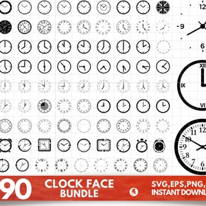 May include: A collection of over 90 clock face designs in black and white. The clocks vary in style, including analog, digital, and Roman numerals. The image includes the text "+90 CLOCK FACE BUNDLE" and "SVG, EPS, PNG, PDF INSTANT DOWNLOAD".