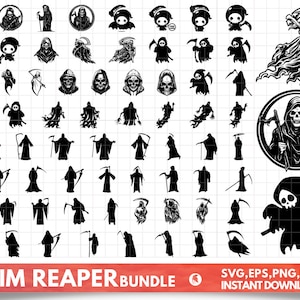 May include: A large collection of black and white vector illustrations of the Grim Reaper. The images include various poses and styles of the Grim Reaper, including a traditional hooded figure, a skeletal figure, and a more cartoonish figure. The images are perfect for use in Halloween decorations, crafts, and other projects.